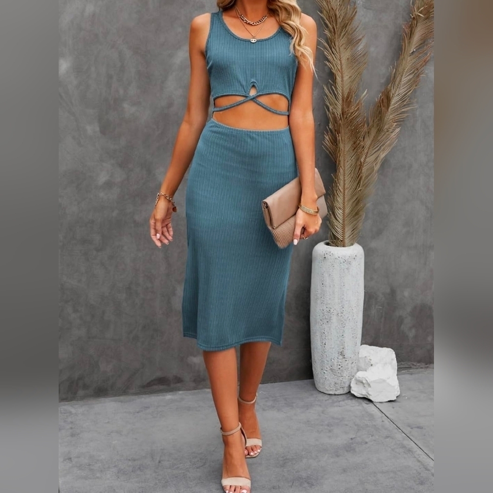 NWT Ribbed Criss-Cross Waist Cutout Midi Dress - Slate Blue Teal